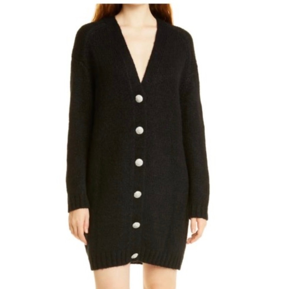 ba&sh Beyl Lady Black Mohair Wool Longline Rhinestone Button Cardigan US 6